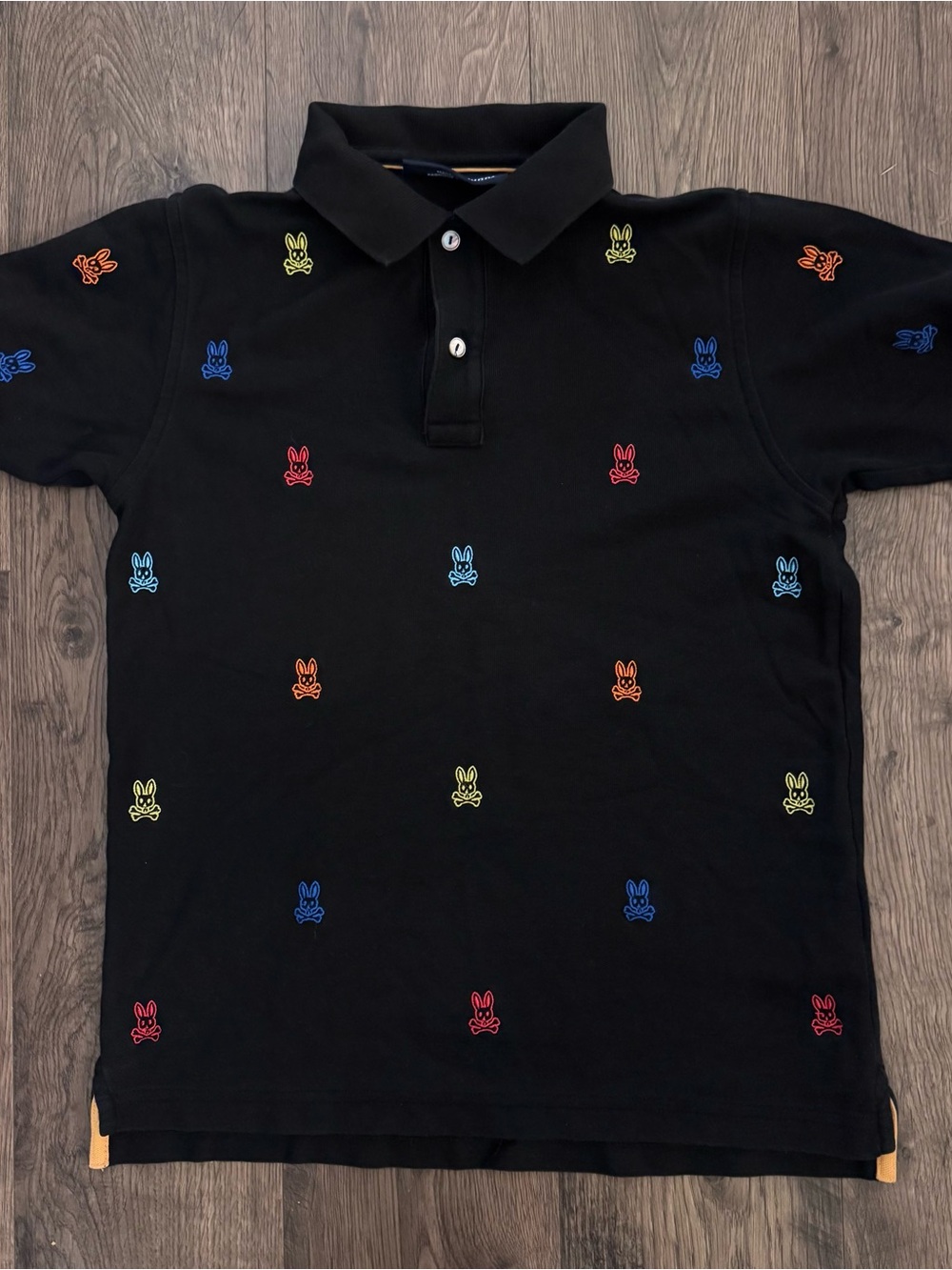 Psycho Bunny Black Polo with Multicolor Bunny Embroidery Youth L